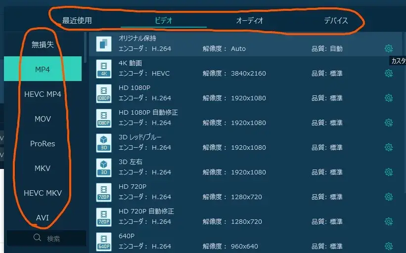 動画出力形式の設定